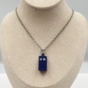 Vintage 90s Doctor Who TARDIS Police Box Pendant Necklace Blue Silver Tone Chain
